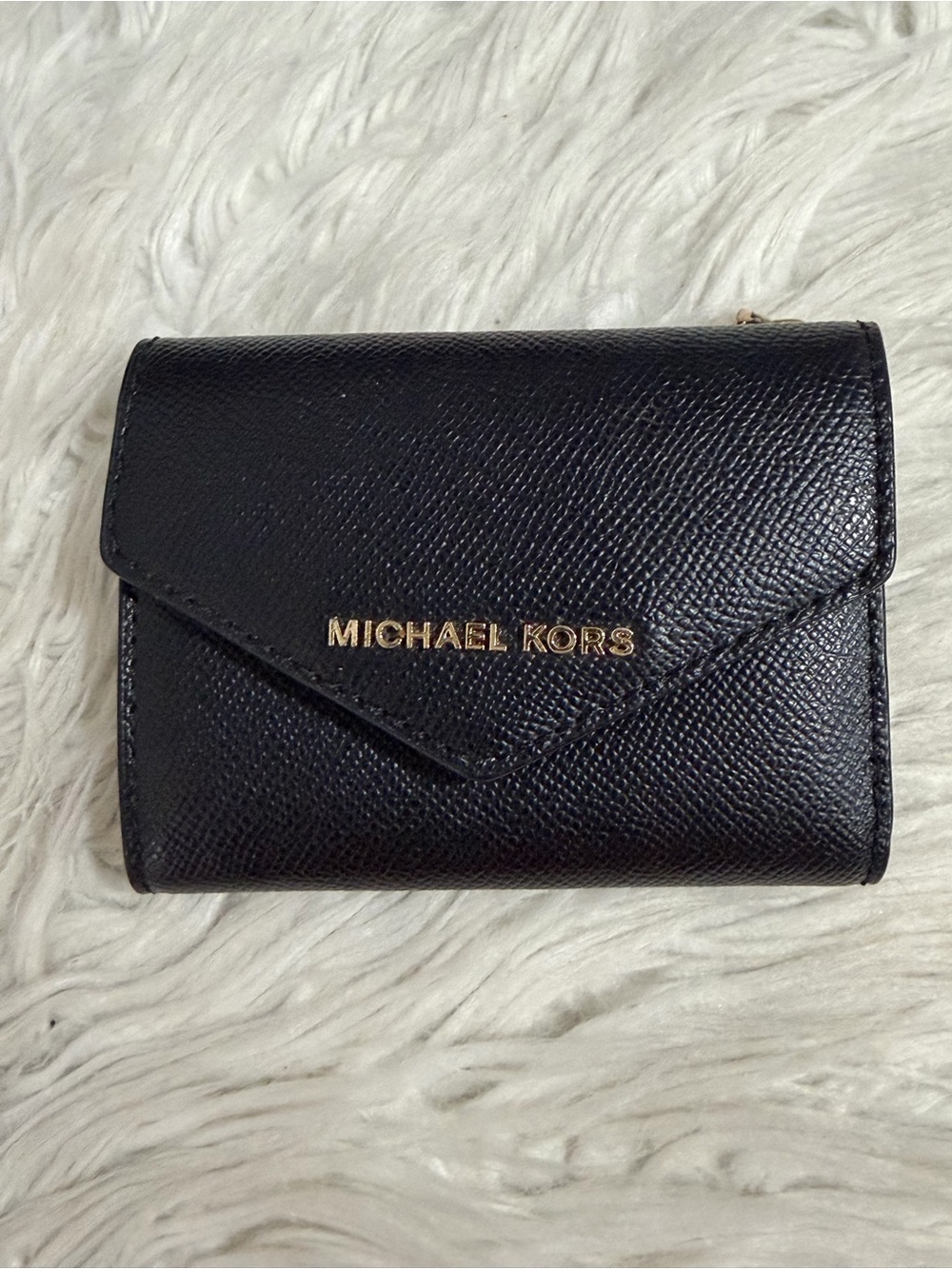 Michael Kors Black Trifold Saffiano Wallet with Gold Logo